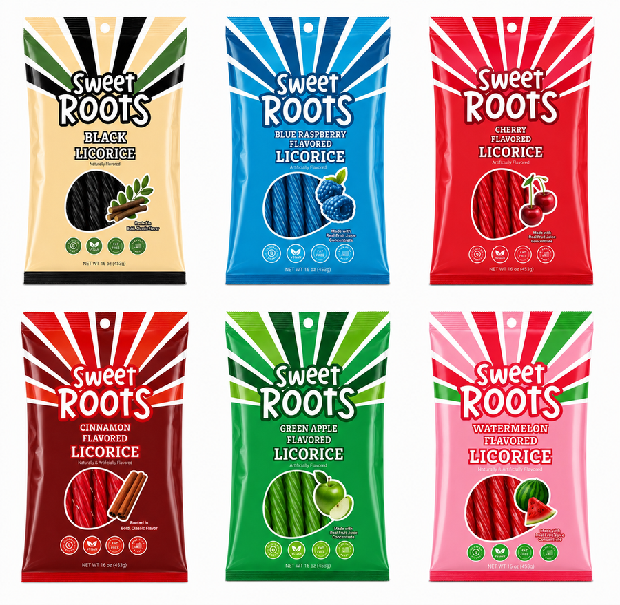 Sweet Roots Six-Flavor Variety Pack — six 16 oz bags.